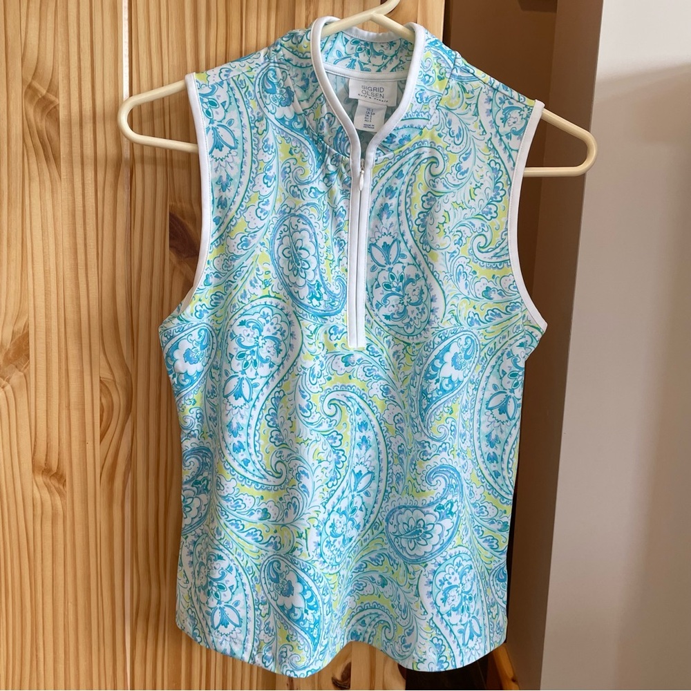 Sigrid Olsen Golf & Tennis Sleeveless Paisley Top - Blue and Yellow